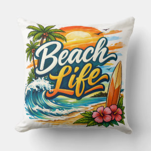Cojín Decorativo Vida de Playa – Atardecer Tropical de Surf