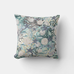 Cojín Decorativo Vida marina oceánica estrella de mar coral teal gr