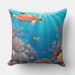 Cojín Decorativo vida marina submarina con tortuga