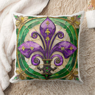 Cojín Decorativo Vidriera de Mardi Gras Fleur de lis
