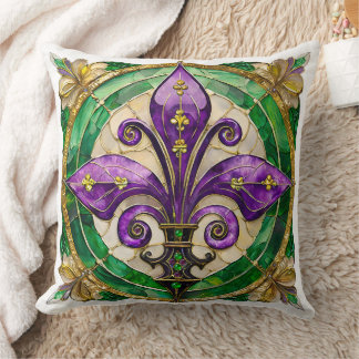 Cojín Decorativo Vidriera de Mardi Gras Fleur de lis