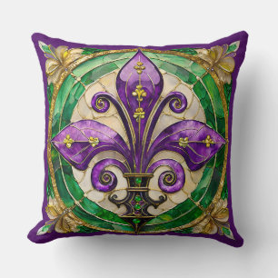 Cojín Decorativo Vidrio emplomado de Mardi Gras Fleur de lis 