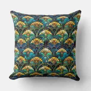 Cojín Decorativo Vidrio manchado de pavo real azul, verde azulado y