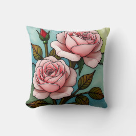 Cojín Decorativo Vidrio manchado de rosas rosadas