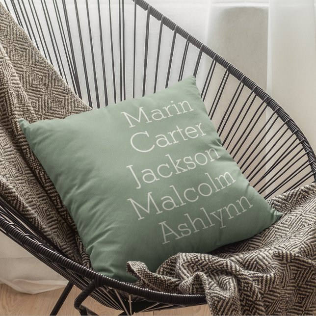 Cojín Decorativo Vidrio marino cinco niños nombran familia personal (Sea Glass Green Five Kids Names Personalized Family Throw Pillow)