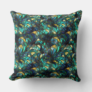 Cojín Decorativo Vidrio teñido de pavo real azul turquesa y dorado