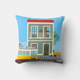 Cojín Decorativo Vieja casa de Lisboa con gatos y tranvía amarillo