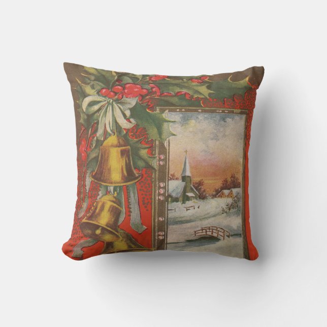 Cojín Decorativo Viejas campanas navideñas y pueblo invernal (Anverso)