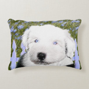 Cojín Decorativo Viejo perro pastor inglés con pintura de cachorros