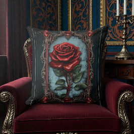 Cojín Decorativo Viejo victoriano negro con rosa roja
