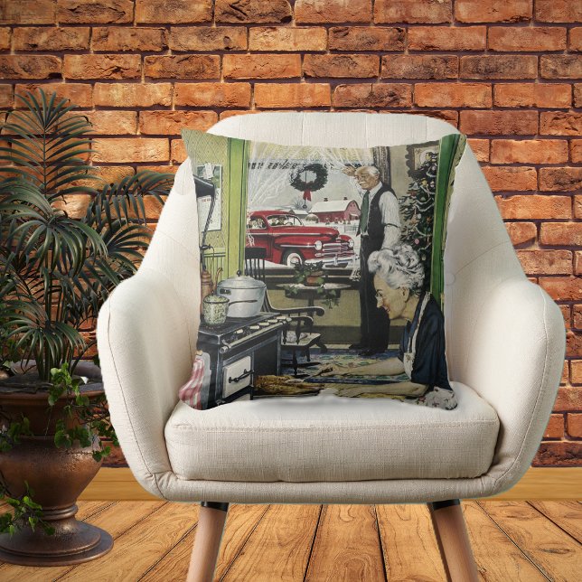 Cojín Decorativo Viejos Navidades de cocina casera de moda (Vintage holiday turkey dinner in Grandma kitchen scene on decorative Christmas pillow.)