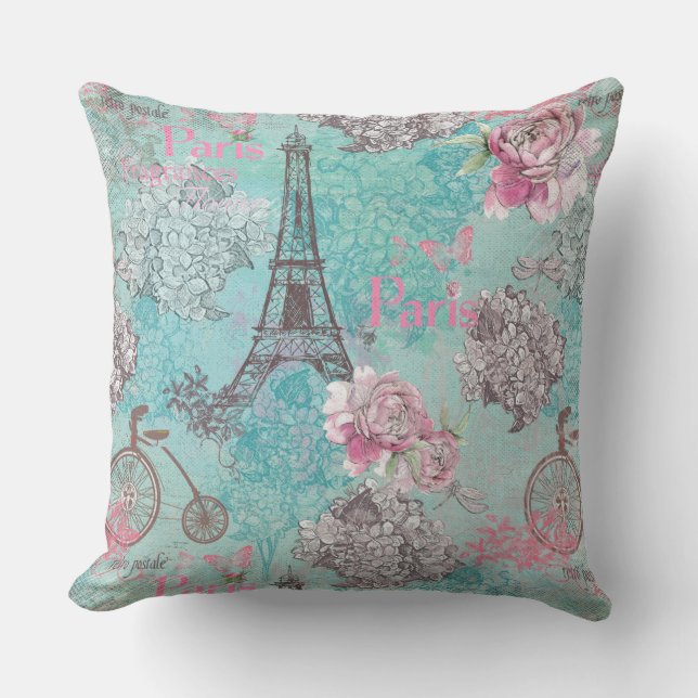 Cojín Decorativo Viñeta Paris-Eiffeltower- Bicicleta Flores (Anverso)