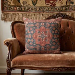 Cojín Decorativo Vintage Boho Floral Kilim Rust Terracotta & Teal
