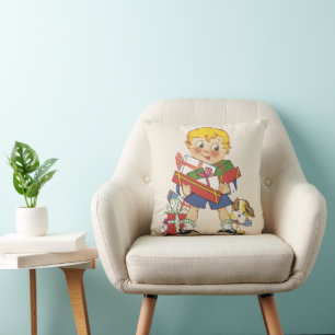 Cojín Decorativo Vintage Christmas, Boy with Present and Puppy Dog