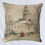 Cojín Decorativo Vintage Christmas, Church in Winowscape<br><div class="desc">Ilustracion de época Navidades victorianos celebran el diseño religioso con una iglesia en un paisaje invernal con árboles. Hay nieve en el suelo y los feligreses llegan para los servicios. Bonitos tonos antiguos con colores vivos de rojo y verde en las ventanas.</div>