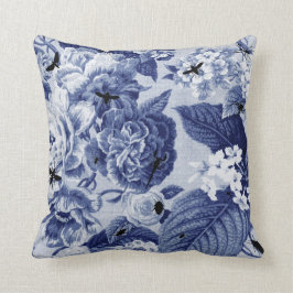 Cojín Decorativo Vintage de los azules añiles botánico y insectos