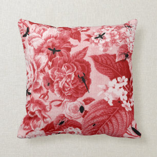 Cojín Decorativo Vintage del rojo cereza botánico y insecto Toile