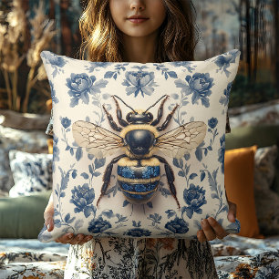 Cojín Decorativo Vintage Delft Azul Miel Abeja Cottagecore