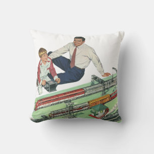 Cojín Decorativo Vintage Día del Padre, papá e hijo con trenes