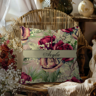Cojín Decorativo Vintage Elegante Rosas Y Pino En Madera