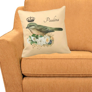 Cojín Decorativo Vintage Fancy Crown Bird on Peach Personalizado