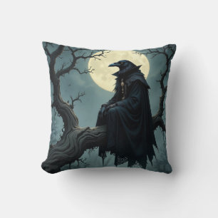 Cojín Decorativo Vintage Gótico Halloween Gran Pájaro Raven Negro