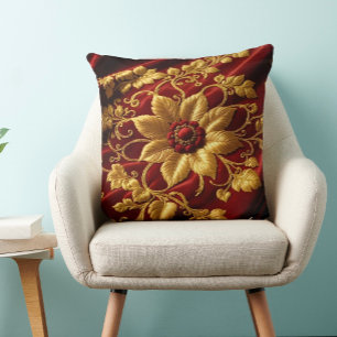 Cojín Decorativo Vintage gran flores bordado aspecto rojo oro 2do