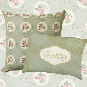 Cojín Decorativo Vintage Look Personalizado Faded Green Damask