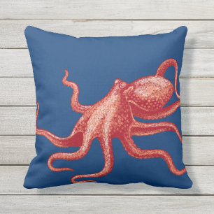 Cojín Decorativo Vintage moderno 4 del pulpo rojo de la vida marina
