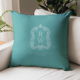 Cojín Decorativo Vintage Monogram Crest Names Turquoise Wedding