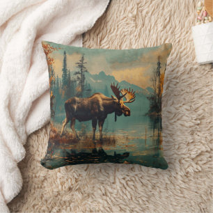 Cojín Decorativo Vintage Moose Cabin Lake Autumage Foliage