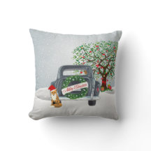 Vintage Navidad Pillow con árbol y automóvil