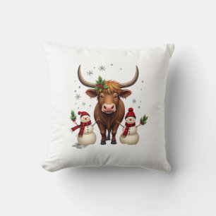 Cojín Decorativo Vintage Navidad Vaca Highland con Muñecos de Nieve