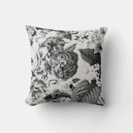 Cojín Decorativo Vintage negro y blanco botánico y insecto Toile