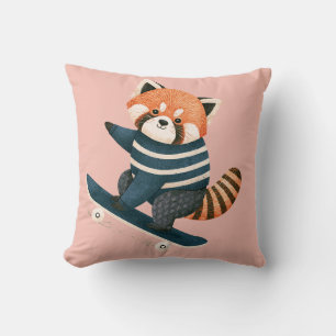 Cojín Decorativo Vintage Panda Rojo Lindo Mapache Patinando