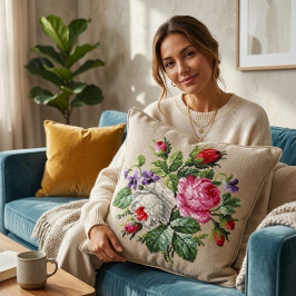 Cojín Decorativo Vintage Pink and WhiteFloral Cross Stitch