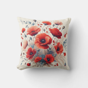 Cojín Decorativo Vintage Red Poppies Arte Botánico Floral