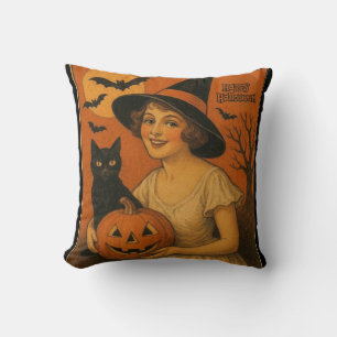 Cojín Decorativo Vintage/retro Feliz bruja de Halloween, gato, cala