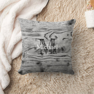 Cojín Decorativo Vintage rústico gris madera quemada negro Monogram