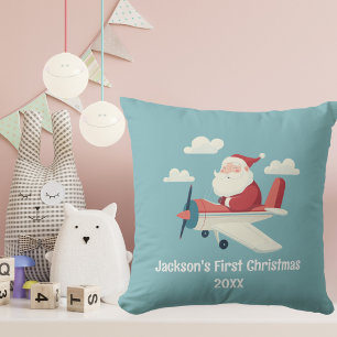 Cojín Decorativo Vintage Santa Avión Nubes Niño Primera Navidad