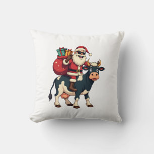 Cojín Decorativo Vintage Santa Bigfoot montando vaca Navidad divert