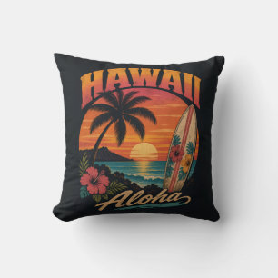 Cojín Decorativo Vintage Sunset Palms Surfboard Aloha Hawaiano