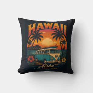 Cojín Decorativo Vintage Sunset Palms Surfboard Aloha Hawaiano