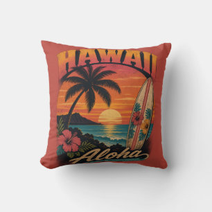 Cojín Decorativo Vintage Sunset Palms Surfboard Aloha Hawaiano