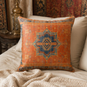 Cojín Decorativo Vintage Tribal Rug Blue Star Medallion and Orange