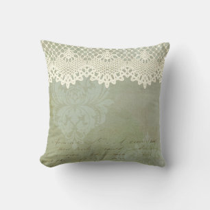 Cojín Decorativo Vintage victoriano Green Faded Damask Faux Lace