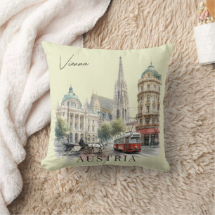 Cojín Decorativo Vintage Watercolor Vienna Austria Tram & Cathedral