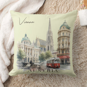Cojín Decorativo Vintage Watercolor Vienna Austria Tram & Cathedral