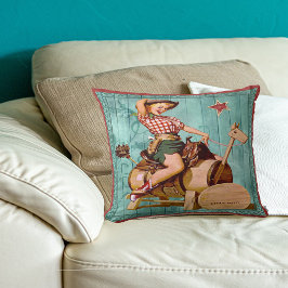 Cojín Decorativo Vintage Western Cowgirl En Caballo De Madera