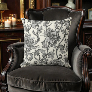 Cojín Decorativo Vintage William Morris Antiguo Floral Blanco Negro
